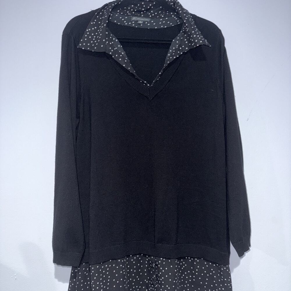 Adrianna Papell Layered Sweater Women 2X Black Polka Dot 2-in-1 V-Neck Top